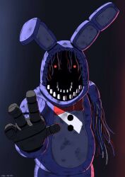 10s 1boy 2015 animatronic bonnie_(fnaf) bow bowtie five_nights_at_freddy&#039;s five_nights_at_freddy&#039;s_2 ktimz looking_at_viewer missing_limb non-humanoid_robot rabbit reaching reaching_towards_viewer red_bow red_bowtie red_eyes robot robot_animal sharp_teeth teeth whitered_bonnie wire withered_bonnie