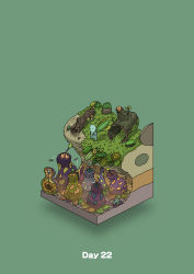 absurdres boulder bug carnivorous_plant commentary_request cross-section diorama fallen_tree fly gozz green_background highres holding holding_leaf insect isometric leaf log original plant rating:General score:1 user:danbooru