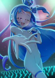 1girl aokaze_nana blue_bow blue_bowtie blue_hair blush bow bowtie breasts cure_wink hair_bun hairband headset heart heart_hair_bun highres jewelry kimi_to_idol_precure long_hair magical_girl multicolored_hair navel nipples one_eye_closed open_mouth performance precure public_indecency public_nudity purple_eyes seductive_gaze seductive_smile small_breasts smile solo sweatdrop tiler_(tiler00) two-tone_hair white_hairband wrist_cuffs