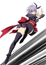  1girl ayane_(doa) bare_shoulders breasts dated dead_or_alive dead_or_alive_xtreme headband hiragoma japanese_clothes large_breasts motion_lines ninja obi panties purple_hair purple_headband purple_thighhighs red_eyes red_sash sash short_hair signature sketch solo speed_lines thighhighs underwear white_panties wide_sleeves 