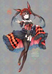  1girl animal_ears bare_shoulders black_hair black_thighhighs breasts clock_eyes covered_navel date_a_live detached_sleeves dress fake_animal_ears frilled_dress frilled_hairband frills full_body garter_straps hairband heterochromia hoshibana_anima lace lace-trimmed_thighhighs lace_trim long_hair looking_at_viewer medium_breasts rabbit_ears red_dress red_eyes red_shoes shoes smile solo symbol-shaped_pupils thighhighs tokisaki_kurumi twintails two-tone_dress yellow_eyes 