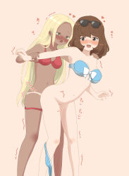  1futa 1girl azumanishiki bikini bikini_bottom_around_leg black_eyes blonde_hair blue_bikini blush dark_skin futa_with_female futanari green_eyes holding_another&#039;s_arm holding_another&#039;s_wrist implied_futanari nintendo open_mouth pokemon pokemon_oras pokemon_xy red_bikini sex standing standing_sex sunglasses sunglasses_on_head swimmer_(pokemon) swimsuit tan tanline yuri 