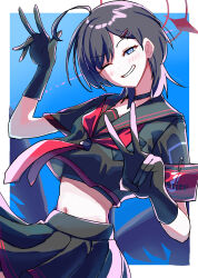  1girl alternate_hair_length alternate_hairstyle armband black_choker black_gloves black_sailor_collar black_serafuku black_shirt black_skirt black_wings blue_archive choker crop_top gloves hair_ornament hairclip halo highres ichika_(blue_archive) long_hair looking_at_viewer low_wings meetnox midriff navel neckerchief one_eye_closed pleated_skirt red_armband red_halo red_neckerchief sailor_collar school_uniform serafuku shirt short_hair skirt smile solo unusually_open_eyes upper_body wings 