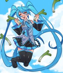  1girl aqua_hair aqua_necktie aqua_trim bare_shoulders black_boots black_skirt black_sleeves boots breasts closed_eyes cloud cloudy_sky collared_shirt detached_sleeves food full_body grey_shirt hair_between_eyes hatsune_miku highres holding holding_food holding_vegetable jumping long_hair long_sleeves medium_breasts mikashiyaaa necktie open_mouth pleated_skirt shirt skirt sky sleeveless sleeveless_shirt smile solo spring_onion thigh_boots twintails twitter_username vegetable vocaloid wide_sleeves 
