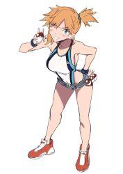  1girl asymmetrical_hair bare_arms bare_shoulders blue_eyes blush breasts competition_swimsuit covered_navel cowboy_shot denim denim_shorts female_focus full_body gen_1_pokemon hair_tie highleg highleg_one-piece_swimsuit highres holding holding_poke_ball large_breasts looking_at_viewer misty_(pokemon) nintendo one-piece_swimsuit one_eye_closed open_clothes orange_hair poke_ball poke_ball_(generic) pokemon pokemon_(anime) pokemon_(classic_anime) pokemon_hgss ponytail print_swimsuit puyocha shoes short_hair shorts side_ponytail sketch smile solo standing swimsuit thighs v wink 