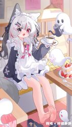  1girl animal_ears apron barefoot black_dress black_eyes blush breasts cafe cake cake_slice coffee_mug coffee_pot cup dress fang food fork fox_ears fox_girl full-face_blush full_body ghost hair_between_eyes hair_ornament hairclip hanging_light heterochromia highres holding holding_saucer long_hair looking_at_viewer maid maid_apron maid_headdress mug ningmeng_jing_jing_jing_jing open_mouth original red_eyes saucer serving shoes sitting small_breasts smile soles solo spoon star-shaped_pupils star_(symbol) strawberry_shortcake symbol-shaped_pupils table toes unworn_shoes white_apron white_hair white_headdress 