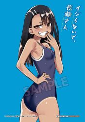 1girl 774_(nanashi) :d ass black_hair blue_background blue_one-piece_swimsuit breasts brown_eyes earrings grin hand_on_own_hip ijiranaide_nagatoro-san jewelry long_hair looking_at_viewer looking_back nagatoro_hayase official_art one-piece_swimsuit one-piece_tan open_mouth sample_watermark single_earring small_breasts smile solo swimsuit tan tanline teeth watermark 