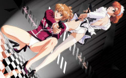 1990s_(style) 2girls agent_aika aida_rion aika_(series) blonde_hair blue_eyes brown_eyes glasses gun highres maid multiple_girls orange_hair panties sumeragi_aika underwear weapon rating:Questionable score:20 user:moderfoker1234