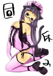  1girl :3 animal_ears bare_shoulders black_necktie black_shoes cat_ears cat_girl cat_tail center_frills elbow_gloves frilled_panties frilled_thighhighs frills full_body glasses gloves headdress highres kneeling leaning_back long_hair looking_at_viewer necktie original panties pink_gloves pink_headdress pink_panties pink_thighhighs platform_heels purple_eyes purple_hair semi-rimless_eyewear shoes simple_background solo straight_hair strapless strappy_heels tail thighhighs underwear veloexotica white_background 