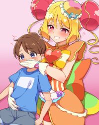 1boy 1girl absurdres age_difference apron back_bow blonde_hair blue_eyes blue_shirt blue_shorts blush bow bowtie brooch brown_hair bun_cover clothes_lift commentary commission covering_another&#039;s_mouth cure_yum-yum delicious_party_precure dress drill_hair drop_shadow frilled_apron frills gagged gloves grin hair_bun hanamichi_ran hand_gagged hand_on_another&#039;s_stomach hand_over_another&#039;s_mouth heart heart_brooch highres jewelry lifting_another&#039;s_clothes long_hair looking_at_another magical_girl mujin_(mujinzairaisen) onee-shota orange_bow orange_dress pink_background pink_eyes pixiv_commission precure shirt shirt_lift short_hair shorts shota smile t-shirt textless_version triple_bun twin_drills white_apron white_gloves yellow_bow yellow_bowtie 