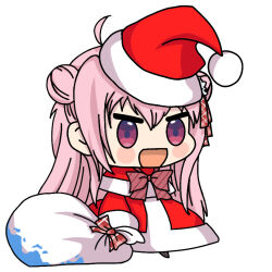  &gt;:d 1girl bag blush chibi code4matt double_bun dress eyebrows gradient_eyes hair_bun hair_ribbon happy_sugar_life hat holding holding_bag long_hair matsuzaka_satou multicolored_eyes open_mouth padoru_(meme) pink_eyes pink_hair red_dress red_ribbon ribbon santa_costume santa_dress santa_hat smile solo sparkling_eyes spoilers 