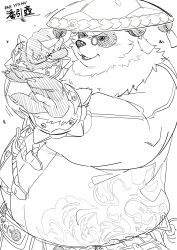  1boy absurdres animal_ears bara bell black_fur bracelet character_name chinese_clothes claws clenched_hand commentary_request fat fighting_stance furry furry_male greyscale highres jewelry jingle_bell looking_to_the_side male_focus monochrome multicolored_fur okoge_16 open_mouth pan_yinhu panda_boy panda_ears plump round_eyewear smile spiked_bracelet spikes white_fur wok zenless_zone_zero 