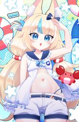  1girl :o abstract_background ahoge animal_ear_fluff animal_ears arm_behind_back armpits belt belt_buckle blonde_hair blue_bow blue_eyes blue_hair blue_streaks bow breasts buckle cat_ears collarbone commentary cowboy_shot crab dotted_background dress fins fish_girl fish_tail gradient_background hair_bow highres indie_virtual_youtuber komqtose lifebuoy lifebuoy_hair_ornament long_hair looking_at_viewer low_twintails midriff multicolored_hair navel salute sameko_saba short_shorts shorts sleeveless small_breasts solo star_(symbol) stomach streaked_hair swim_ring tail twintails very_long_hair virtual_youtuber white_dress 