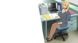 1girl amagi_brilliant_park ashe_(amaburi) blonde_hair breasts business_suit chair collar collarbone cottage dark_skin dark-skinned_female female_focus formal_clothes glasses green_eyes high_heels highres large_breasts long_hair pantyhose sitting solo suit rating:Sensitive score:24 user:UltraPerv88