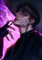  1boy black_hair black_hat body_markings character_request facial_mark fangs fire hat highres kpop_demon_hunters lababoon male_focus purple_fire short_hair slit_pupils solo upper_body yellow_eyes 