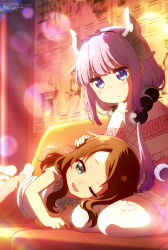  absurdres anime_coloring artist_request blue_eyes blunt_bangs bow_hairband brown_hair capelet child copyright_name copyright_notice couch dragon_girl dragon_horns dragon_tail gradient_hair green_eyes hairband hand_on_another&#039;s_head highres horns kanna_kamui kobayashi-san_chi_no_maidragon lap_pillow light_rays long_hair looking_at_another lying magazine_scan megami_magazine multicolored_hair official_art on_couch on_side one_eye_closed open_mouth parted_bangs parted_lips purple_hair saikawa_riko scan shade sidelocks sitting skirt socks sunbeam sunlight sunset tail teardrop thighhighs twintails wariza white_capelet white_hair white_socks white_thighhighs 