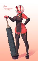 &gt;:o 1girl :o bare_shoulders black_thighhighs breasts bridal_gauntlets character_name china_dress chinese_clothes club club_(weapon) collar colored_skin dress elbow_gloves english_text fangs female_focus full_body gloves gradient_background hair_between_eyes hand_on_own_hip highres horns kanabou large_breasts lock looking_to_the_side muscular oni oni_horns original padlock padlocked_collar panties pelvic_curtain platform_sandals red_eyes red_oni red_skin sandals shadow sharp_teeth short_hair side-tie_panties side_slit simple_background solo sub-res teeth thighhighs toned underwear v-shaped_eyebrows weapon white_hair rating:Sensitive score:62 user:danbooru