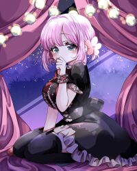  1girl alternate_costume alternate_hairstyle back_bow between_legs black_dress black_thighhighs bob_cut bow bowtie breasts covering_own_mouth cross-laced_clothes cross-laced_dress curled_fingers curtains dress fairy_lights flower frilled_dress frilled_shirt_collar frilled_sleeves frilled_wrist_cuffs frills full_body gothic_lolita green_eyes hair_between_eyes hair_flower hair_intakes hair_ornament hanazono_hakari hand_between_legs heart heart_in_eye kimi_no_koto_ga_dai_dai_dai_dai_daisuki_na_100-nin_no_kanojo large_breasts lolita_fashion long_eyelashes looking_at_viewer low_twintails night night_sky parted_bangs pink_flower pink_hair puffy_short_sleeves puffy_sleeves red_bow red_bowtie short_sleeves short_twintails sidelocks sitting sky solo star_(sky) symbol_in_eye thighhighs twintails wrist_cuffs yumenobetsu zettai_ryouiki 