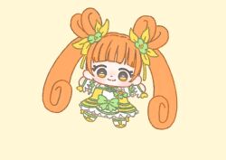  1girl absurdly_long_hair blunt_bangs boots bow bowtie brooch brown_hair chibi closed_mouth clover_earrings curly_hair dokidoki!_precure dot_nose double_bun dress eyelashes flower footwear_bow four-leaf_clover_earrings frilled_dress frills green_bow green_bowtie green_flower hair_bow hair_bun hair_flower hair_ornament happy heart heart-shaped_hair heart_brooch ichigo_usuhana jewelry knee_boots light_blush long_hair magical_girl outstretched_arms petticoat precure simple_background smile solo square_neckline tareme very_long_hair waist_bow white_boots white_wrist_cuffs wrist_bow wrist_cuffs yellow_background yellow_bow yellow_brooch yellow_dress yellow_eyes yellow_theme yotsuba_alice 