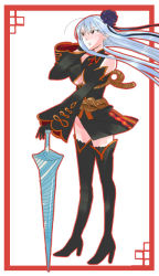  00s 15iko 1girl adjusting_hair black_thighhighs breasts cosplay detached_sleeves female_focus flower full_body gloves hair_ornament long_hair military military_uniform polearm red_eyes sangokushi_taisen selvaria_bles senjou_no_valkyria senjou_no_valkyria_(series) senjou_no_valkyria_1 silver_hair solo spear sun_shang_xiang_(cosplay) thighhighs underboob weapon white_background 