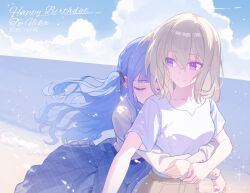  2girls absurdres bang_dream! bang_dream!_it&#039;s_mygo!!!!! beach black_ribbon black_skirt blonde_hair blue_hair blue_sky breasts brown_pants closed_mouth cloud cloudy_sky cola commentary_request cowboy_shot cursive day double-parted_bangs english_text engrish_text floating_clothes floating_hair hair_between_eyes hair_ribbon highres hug hug_from_behind light_blush light_particles long_bangs long_hair long_skirt long_sleeves medium_breasts misumi_uika multiple_girls ocean outdoors pants plaid_clothes plaid_skirt purple_eyes ranguage ribbon sand shirt short_sleeves sidelocks skirt sky smile sparkle standing straight_hair sunlight togawa_sakiko usamin_(megumikira) water wavy_hair white_shirt yuri 