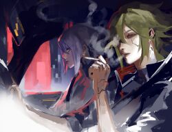  2boys absurdres aotu_world black_jacket car_interior chinese_commentary cigarette closed_mouth driving facial_tattoo from_side green_hair grey_hair hair_between_eyes hand_up highres holding holding_cigarette jacket macchiato_bi_guanzhong male_focus multiple_boys parted_lips profile red_eyes robot shirt short_hair sketch smoke smoking tattoo teeth upper_body xander_(aotu_world) yellow_eyes zain_(aotu_world) 