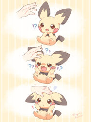  ! !? 1other :o ? ?? artist_name blush commentary_request disembodied_hand gen_2_pokemon headpat highres mugita_konomi nintendo open_mouth pichu pokemon pokemon_(creature) red_eyes striped_background trembling wavy_mouth yellow_background 