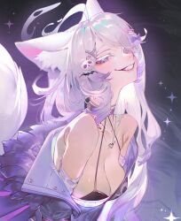  1girl absurdres akishycat animal_ear_fluff animal_ears bare_shoulders bat_hair_ornament bead_necklace beads blue_eyes breasts bright_pupils cat_ears cat_girl cat_tail cleavage collared_halterneck commission fur-trimmed_jacket fur_trim gradient_hair grin hair_ornament hair_over_one_eye half-closed_eyes head_tilt heart heart_necklace highres indie_virtual_youtuber jacket jewelry light_blush long_hair looking_at_viewer medium_breasts multicolored_hair necklace off_shoulder one_eye_covered parted_bangs purple_hair purple_jacket skull_hair_ornament sky smile solo star_(sky) starry_sky tail teeth upper_body virtual_youtuber white_hair x_hair_ornament yuni_nya 