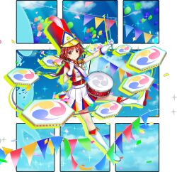  1girl alternate_costume balloon blue_sky boots breasts closed_mouth cloud confetti drum drum_set drumsticks epaulettes falling_petals fringe_trim full_body game_cg gloves hat highres holding holding_drumsticks horikawa_raiko horikawa_raiko_(prism_march_snare) instrument looking_at_viewer marching_band medium_hair merlin_prismriver mitsudomoe_(shape) multicolored_skirt official_art petals pink_petals pleated_skirt red_eyes red_hair red_hat rotte_(1109) shako_cap shirt short_sleeves silhouette skirt sky smile solo taiko_drum third-party_source tomoe_(symbol) touhou touhou_lostword transparent_background white_boots white_gloves white_shirt 