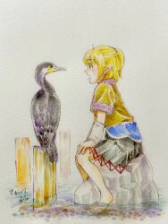  1girl barefoot beak bird black_skirt blonde_hair blue_collar brown_shirt collar cormorant from_side green_eyes grey_feathers half_updo highres mizuhashi_parsee open_mouth pointy_ears profile q-bee_(aaru) rock shallow_water shirt short_hair short_sleeves sitting skirt staring touhou traditional_media water white_arm_warmers white_background 