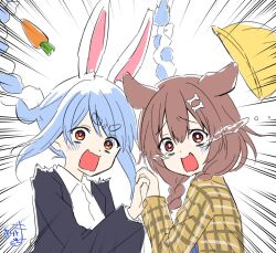  2girls animal_ear_fluff animal_ears black_jacket bone_hair_ornament bow braid brown_hair brown_jacket carrot cartoon_bone collared_shirt commentary_request crying crying_with_eyes_open dog_ears dress_shirt emphasis_lines floating_hair hair_between_eyes hair_bow hair_ornament hat highres hololive inugami_korone jacket kiritoma long_hair low_twintails multiple_girls plaid_clothes plaid_jacket rabbit-shaped_pupils rabbit_ears red_eyes shirt short_eyebrows signature simple_background streaming_tears symbol-shaped_pupils tears thick_eyebrows turn_pale twin_braids twintails unworn_hat unworn_headwear upper_body usada_pekora very_long_hair virtual_youtuber white_background white_bow white_shirt yellow_hat 