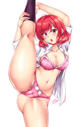  1girl black_socks blush bra breasts cameltoe cleavage eyebrows_hidden_by_hair gluteal_fold hand_on_own_leg highres kneepits large_breasts looking_at_viewer love_live! medium_hair navel nishikino_maki open_mouth panties pink_bra pink_panties purple_eyes red_hair shirt signature simple_background socks solo split standing standing_on_one_leg standing_split stomach sweat underwear white_background white_shirt windart 