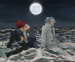  2boys absurdres ahoge aotsuki_eito arm_on_knee black_gloves black_jacket black_pants black_streaks blue_eyes breast_pocket commentary drawstring english_commentary facing_away full_moon glasses gloves grey_hair grey_jacket highres hood hoodie horizon jacket knee_up male_focus moon multicolored_hair multicolored_jacket multiple_boys night night_sky outdoors pants pocket ransuteeki red_hair shoes short_hair sitting sky sleeve_pouch streaked_hair sumino_takumi the_hundred_line_-last_defense_academy- two-tone_jacket water waves white_hoodie white_jacket white_pants white_shoes wind 