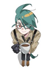  1girl ahoge androgynous asymmetrical_bangs bespectacled black_gloves black_necktie black_pants bright_pupils cat_eye-framed_eyewear closed_mouth coffee_mug collared_shirt commentary cup ear_piercing earrings english_commentary from_above glass glasses gloves green_hair highres holding holding_cup jewelry long_hair low_ponytail mug nanaasuzy necktie nintendo pants piercing pokemon pokemon_sv ponytail red_eyes reverse_trap rika_(pokemon) shirt smile solo suspenders triangle_earrings white_pupils 