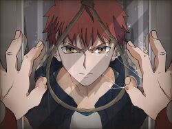  1boy archer_(fate) brown_eyes emiya_shirou evezame fate_(series) highres jacket looking_at_mirror male_focus mirror red_hair rope shirt solo 