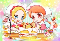  +_+ 2girls :3 :q aihira_(aihira12) apron aqua_background aqua_dress bare_arms battle beret blonde_hair blue_eyes bow bowl bright_pupils brooch brown_eyes brown_hair buttons cake closed_mouth collared_shirt dot_nose dress eyelashes finger_to_mouth flower flower_brooch food fruit grey_background hat hat_bow high_collar holding holding_food holding_fruit holding_pasteur_pipette jewelry kirahoshi_ciel kirakira_patisserie_uniform kirakira_precure_a_la_mode light_blush long_hair looking_at_food macaron multiple_girls open_mouth pasteur_pipette pink_apron pink_bow plate precure puffy_short_sleeves puffy_sleeves shirt shirt_under_dress short_sleeves smile sparkling_eyes star_(symbol) strawberry strawberry_shortcake striped_background table tareme teeth tongue tongue_out two-tone_background upper_body upper_teeth_only usami_ichika v-shaped_eyebrows vertical-striped_background very_long_hair wavy_hair white_hat white_pupils white_shirt yellow_flower 
