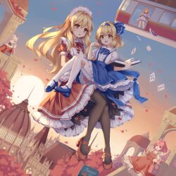  4girls ace_(playing_card) ace_of_hearts aged_down alice_margatroid alice_margatroid_(pc-98) bag blonde_hair blue_bow blue_bowtie blue_hairband blue_shoes blue_skirt book bow bowtie brown_pantyhose building card carrying chinese_commentary closed_eyes closed_mouth club_(shape) collared_shirt commentary dress floating_card frilled_shirt_collar frilled_skirt frills grey_hair hair_bobbles hair_ornament hair_ribbon hairband heart highres holding holding_book long_hair long_sleeves louise_(touhou) maid maid_headdress mechrailgun multiple_girls no_headwear one_side_up open_book open_mouth outdoors pantyhose pink_hair playing_card princess_carry puffy_short_sleeves puffy_sleeves red_bow red_bowtie red_dress red_shoes ribbon sara_(touhou) shinki_(touhou) shirt shoes short_sleeves shoulder_bag skirt smile sun suspender_skirt suspenders touhou touhou_(pc-98) unworn_headwear very_long_hair white_dress white_pantyhose white_ribbon white_shirt yellow_eyes yumeko_(touhou) 