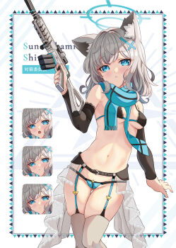 1girl alternate_costume animal_ear_fluff animal_ears assault_rifle bare_shoulders bikini black_bikini black_sleeves blue_archive blue_bikini blue_eyes blue_garter_straps blue_halo blue_necktie blue_scarf blush breasts closed_mouth cross_hair_ornament crotch_zipper detached_sleeves grey_hair gun hair_ornament halo highres holding holding_gun holding_weapon looking_at_viewer medium_breasts multiple_expressions necktie open_mouth rifle scarf shiroko_(blue_archive) small_breasts solo swimsuit thighhighs weapon white_thighhighs wolf_ears wolf_girl xephonia