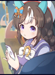  1girl animal_ears beret bow braid brown_hair cellphone closed_mouth commentary_request hair_bow hands_up hat highres hokko_tarumae_(umamusume) holding holding_phone horse_ears long_sleeves looking_at_viewer low_twintails multicolored_hair notice_lines people phone purple_eyes purple_shirt rakugakiraid school_uniform shirt silhouette solo star_(symbol) streaked_hair striped_bow tracen_school_uniform train_interior twin_braids twintails umamusume white_bow white_hair white_hat 