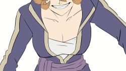  1girl animated black_clover bouncing_breasts breast_focus breasts cleavage eyes_out_of_frame fang grin hanging_breasts head_out_of_frame heavy_breathing highres jiggle mereoleona_vermillion red_hair sho_yo simple_background smile solo tagme video white_background  rating:Questionable score:32 user:db_nightcore