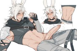  1boy animal_ears armor belt belt_buckle blush buckle choker clenched_teeth crop_top embarrassed erection final_fantasy final_fantasy_xiv fingerless_gloves foreskin frown functionally_nude glaciereal gloves highres inset large_penis looking_at_viewer looking_to_the_side lying male_focus medium_hair midriff navel original pauldrons penis penis_out phimosis precum rabbit_ears red_eyes shoulder_armor simple_background single_pauldron solo sparkle sweat tareme teeth toned toned_male uncensored veins veiny_penis viera white_background white_hair  rating:Explicit score:70 user:Galantamine