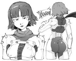 1girl ass bodysuit covered_erect_nipples cropped_legs cropped_torso english_text facing_viewer from_behind frown greyscale lipstick makeup medium_hair monochrome multiple_views niijima_makoto parted_lips persona persona_5 plow_(witch_parfait) scarf solo speech_bubble spikes