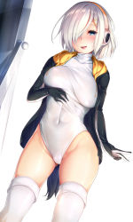  10s 1girl :d absurdres alternate_costume arm_at_side bird_tail black_gloves black_jacket blue_eyes blush breast_lift breasts cameltoe cosplay covered_navel cowboy_shot drawstring dutch_angle emperor_penguin_(kemono_friends) emperor_penguin_(kemono_friends)_(cosplay) eyes_visible_through_hair female_focus gloves groin hair_ornament hair_over_one_eye hairclip hamakaze_(kancolle) headphones highleg highleg_leotard highres jacket kantai_collection kemono_friends kemonomimi_mode large_breasts leotard looking_at_viewer mirror nironiro open_clothes open_jacket open_mouth shiny_skin short_hair silver_hair simple_background skin_tight smile solo tail thighhighs unaligned_breasts v white_background white_leotard white_thighhighs  rating:Questionable score:74 user:danbooru