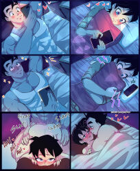  1boy 1girl armpits bed black_eyes black_hair blue_eyes blush cellphone couple couple_texting_in_bed_(meme) doggystyle dragon_ball dragonball_z dreaming happy heart hetero highres moaning muscular muscular_male pectoral_cleavage pectorals phone pillow resting rozenphox sex sex_from_behind smile son_gohan tagme tank_top text_messaging thinking tomboy videl 