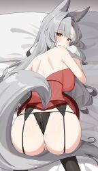  1girl absurdres animal_ears artist_request ass babydoll black_garter_belt black_panties blush breasts closed_mouth commission from_above garter_belt grey_hair highres large_breasts long_hair looking_at_viewer original panties pearl_thong second-party_source skindentation solo tail underwear yellow_eyes 