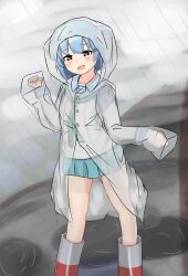  1girl aqua_neckerchief aqua_skirt blue_hair blue_sailor_collar boots brown_eyes double_bun feet_out_of_frame hair_bun highres ikuzu_nizyuni kantai_collection long_sleeves multicolored_boots neckerchief open_mouth raincoat sailor_collar sailor_shirt samuel_b._roberts_(kancolle) school_uniform see-through_clothes see-through_raincoat serafuku shirt short_hair skirt smile solo two-tone_boots white_shirt 