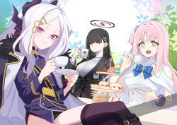  3girls black_boots black_hair black_jacket black_thighhighs blue_archive blue_bow boots bow breasts capelet coat coat_on_shoulders cup demon_horns dress food hair_bun halo hashtag-only_commentary hina_(blue_archive) holding holding_cup holding_saucer horns jacket jshnimzz knee_boots long_hair looking_at_viewer macaron mika_(blue_archive) mug multiple_girls open_mouth outdoors pink_hair pink_halo purple_eyes purple_scrunchie red_eyes rio_(blue_archive) saucer scrunchie shirt single_side_bun teacup thighhighs tiered_tray turtleneck white_capelet white_dress white_hair white_shirt wrist_scrunchie yellow_eyes 