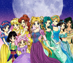  6+girls :d aino_minako aladdin_(movie) ariel_(disney) ariel_(disney)_(cosplay) arms_behind_back aurora_(disney) aurora_(disney)_(cosplay) beauty_and_the_beast belle_(disney) belle_(disney)_(cosplay) bishoujo_senshi_sailor_moon bishoujo_senshi_sailor_moon_s black_hair blonde_hair blouse blue_eyes blue_hair blue_shirt bow breasts brown_hair chibi_usa choker cinderella cinderella_(disney) cinderella_(disney)_(cosplay) cleavage company_connection cone_hair_bun corset cosplay disney double_bun dress earrings elbow_gloves fa_mulan_(disney) fa_mulan_(disney)_(cosplay) feathers flower full_moon gloves green_eyes green_hair grey_eyes hair_bun hair_flower hair_ornament hairband hino_rei jasmine_(disney) jasmine_(disney)_(cosplay) jewelry kaiou_michiru kazabana kino_makoto long_hair medium_breasts meiou_setsuna midriff mizuno_ami moon mulan_(movie) multiple_girls necklace off_shoulder open_mouth pink_hair pocahontas_(disney) pocahontas_(disney)_(cosplay) pocahontas_(movie) ponytail puff_and_slash_sleeves puffy_sleeves purple_eyes rapunzel_(disney) rapunzel_(disney)_(cosplay) red_eyes shirt short_hair short_sleeves sleeping_beauty smile snow_white_(cosplay) snow_white_(disney) snow_white_(disney)_(cosplay) snow_white_and_the_seven_dwarfs sofia_(disney) sofia_(disney)_(cosplay) sofia_the_first tangled ten&#039;ou_haruka the_little_mermaid_(disney) tiara tomoe_hotaru tsukino_usagi twintails very_long_hair  rating:Sensitive score:52 user:danbooru