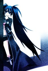  01jou 10s bikini bikini_top_only black_hair black_rock_shooter black_rock_shooter_(character) blue_eyes blush chain coat letter long_hair love_letter midriff navel onoe_junki peeking_out shorts solo swimsuit twintails very_long_hair 