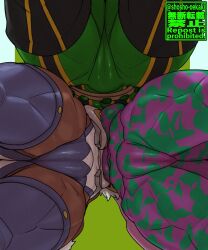 3girls ashido_mina ass asui_tsuyu boku_no_hero_academia cameltoe dark-skinned_female dark_skin female_focus from_below head_out_of_frame hero_outfit_(mha) highres lower_body mirko multiple_girls pussy shosho_oekaki skin_tight standing thick_thighs thighhighs thighs view_between_legs viewed_from_between_legs rating:Questionable score:127 user:kanna_pepino